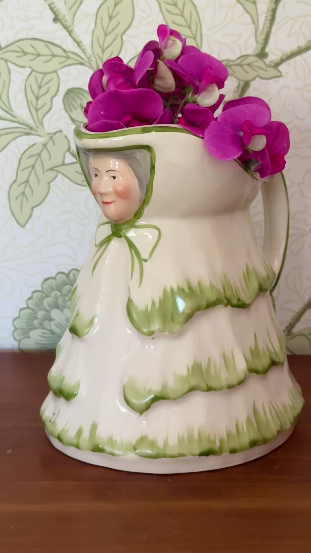 Green Tony Wood Little Old Lady ceramic jug showing rare vintage Staffordshire pottery design with freshly cut sweet peas
