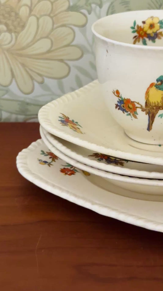 1930s Staffordshire Knot Five-Piece Breakfast Set with Parrot & Floral Design