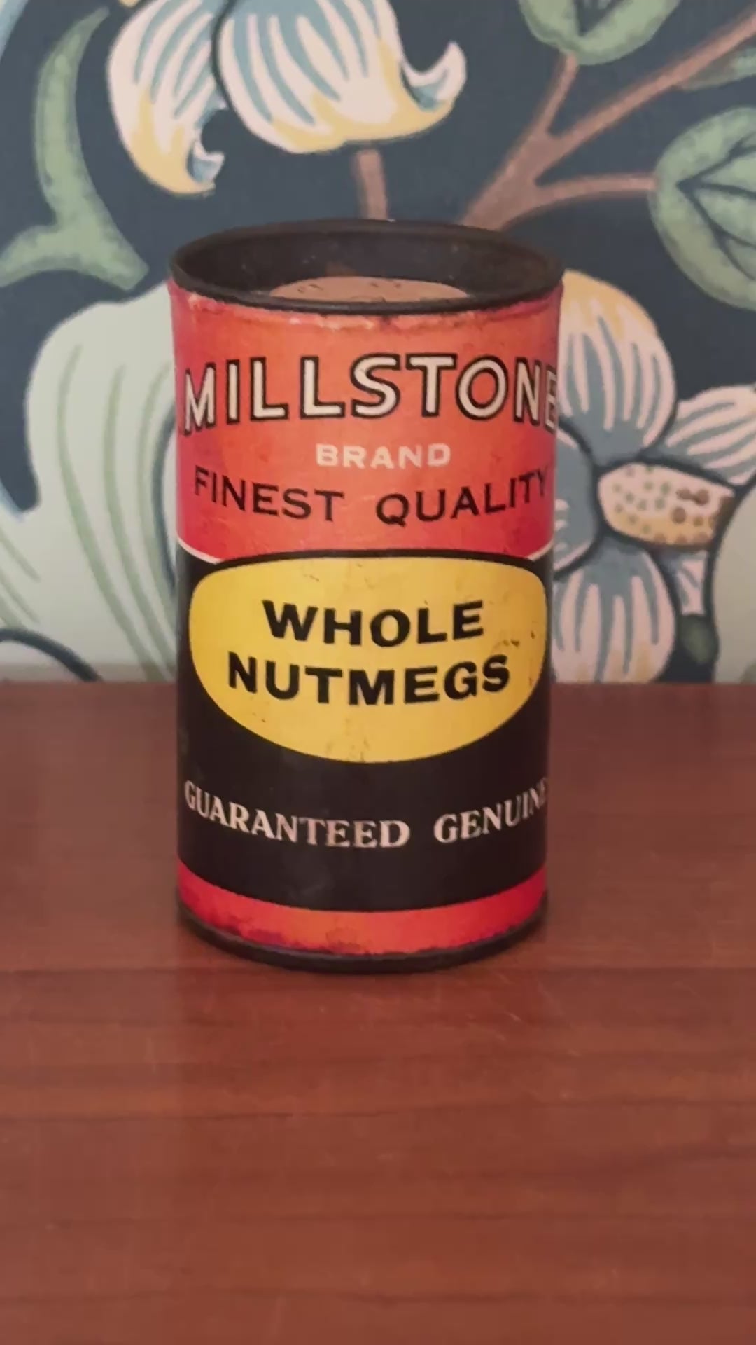 Very Rare Vintage Millstone Whole Nutmegs Tin | Small Kitchenalia Collectable with Grater & Retro Typography