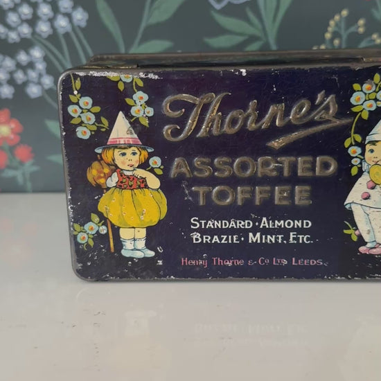 Whimiscal 1930s Thorne’s of Leeds Assorted Toffee Tin | Vintage Confectionery Advertising | Dark Quirky Nursery-Style Graphics