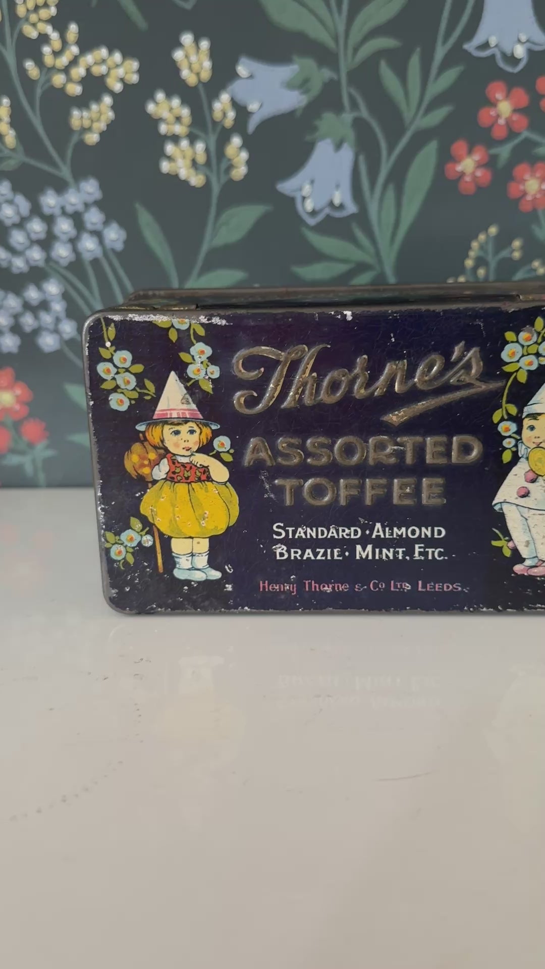 Whimiscal 1930s Thorne’s of Leeds Assorted Toffee Tin | Vintage Confectionery Advertising | Dark Quirky Nursery-Style Graphics