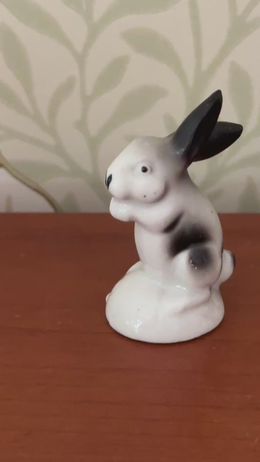 Vintage Miniature Black & White Ceramic Rabbit, c.1930s