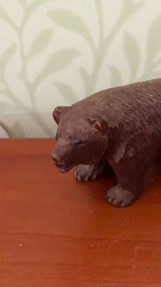 Antique Miniature Black Forest Hand Carved Wooden Bear with Glass Eyes