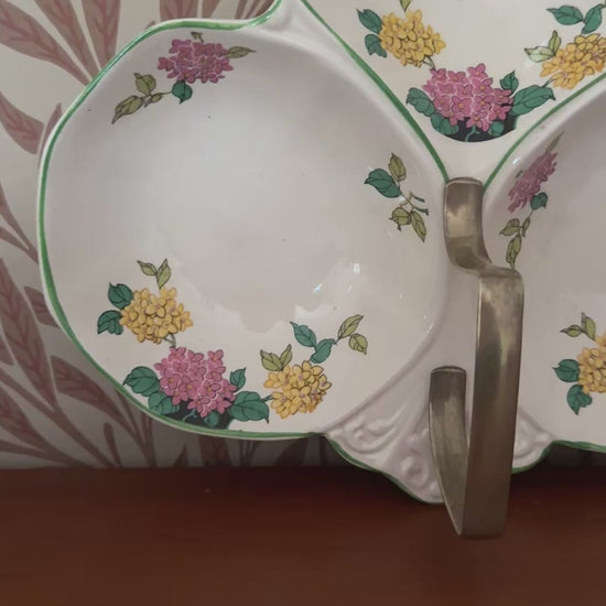 Flosmaron England Vintage Three-Section Floral Serving Dish | Pretty Pink & Yellow Hand-Painted Tableware