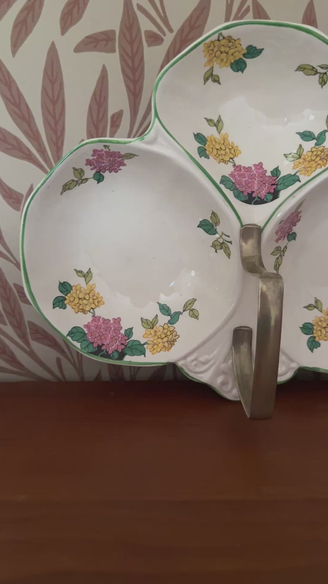 Flosmaron England Vintage Three-Section Floral Serving Dish | Pretty Pink & Yellow Hand-Painted Tableware