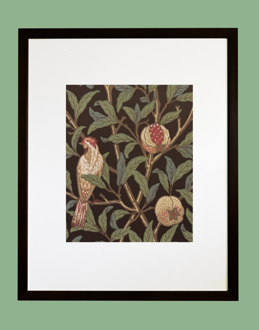 William Morris Framed Print Sourced from Morris & Co. Archive Wallpaper Sample Book - 'Bird & Pomegranate' (Charcoal/Sage)