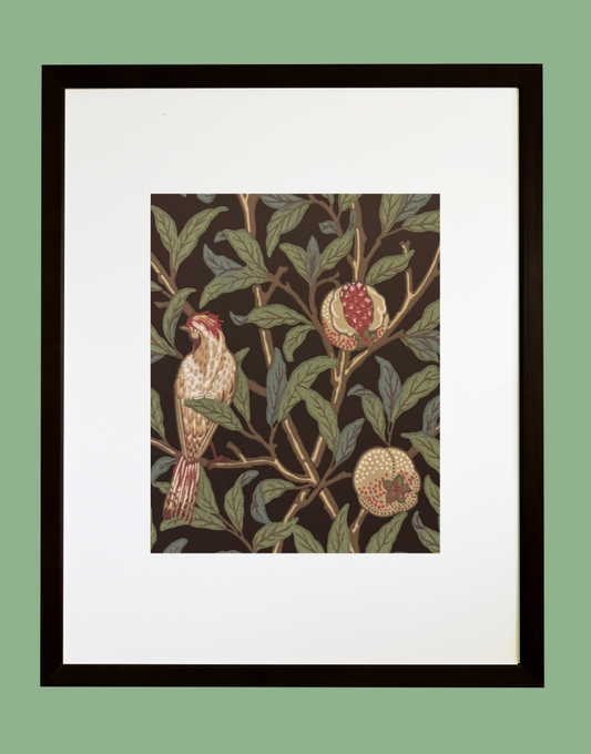 William Morris Framed Print Sourced from Morris & Co. Archive Wallpaper Sample Book - 'Bird & Pomegranate' (Charcoal/Sage)